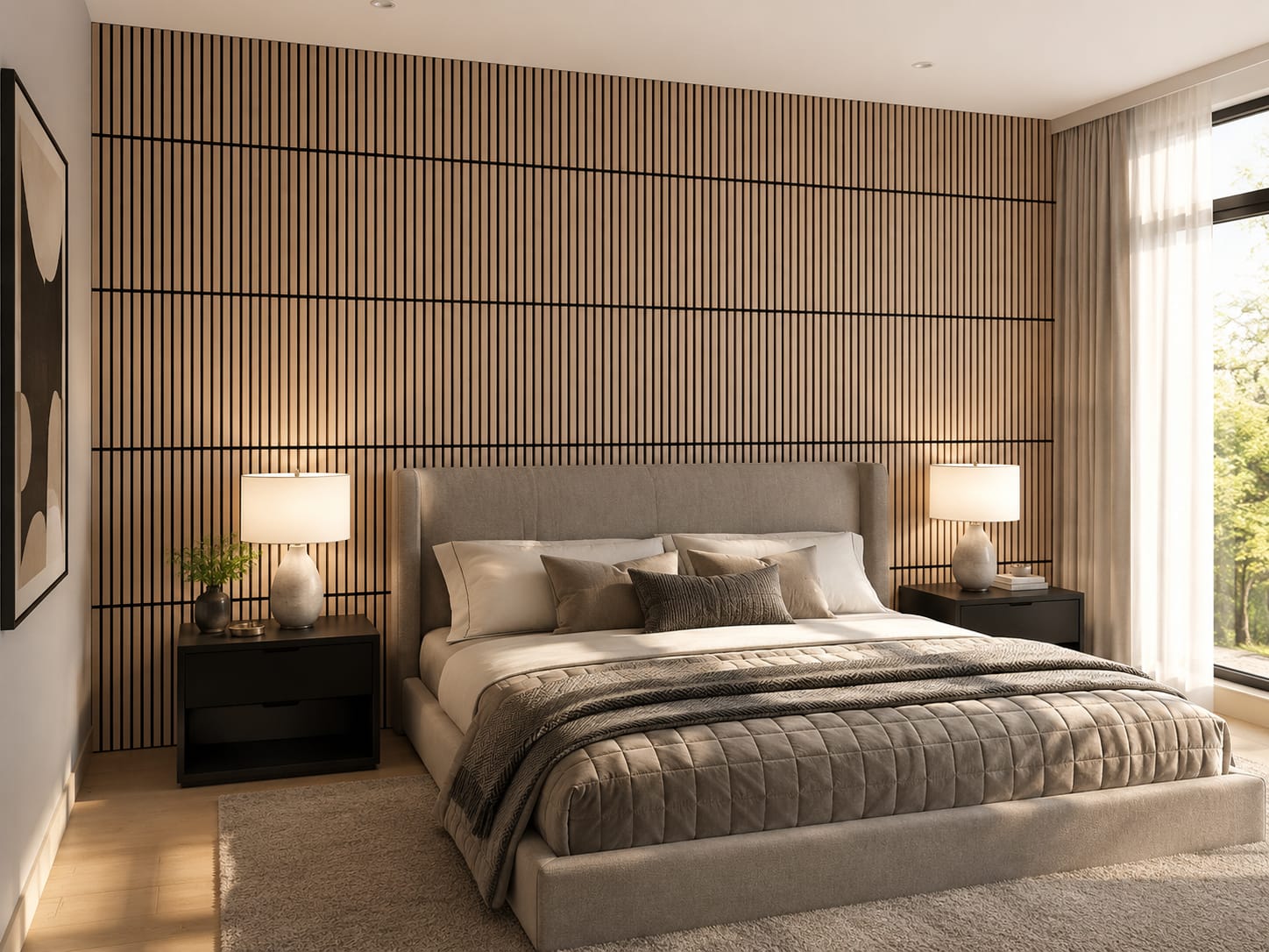 Same bedroom with a light oak vertical slat-wood accent wall behind the upholstered bed, the nightstands and lamps unchanged
