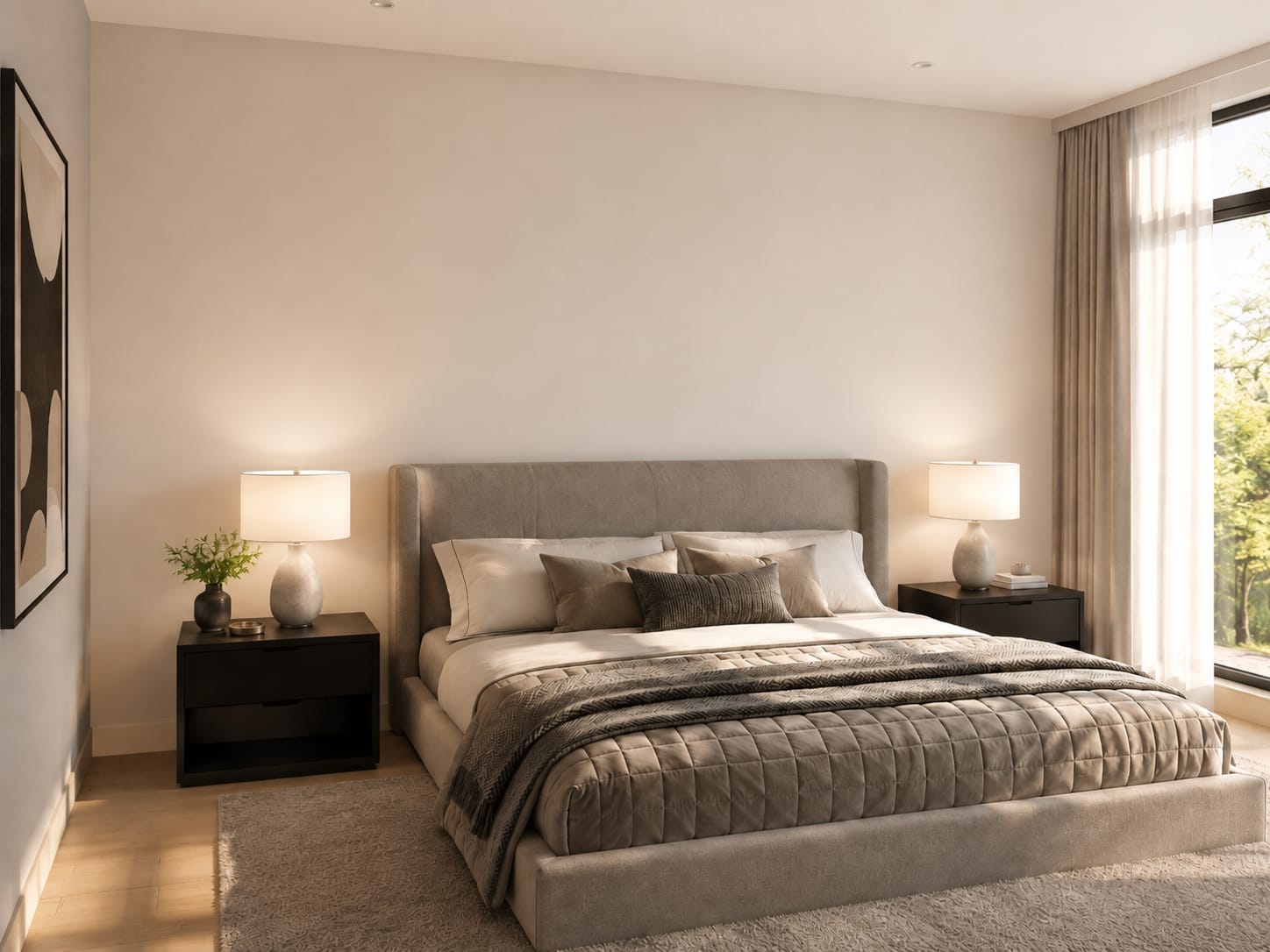 Bedroom with a plain off-white wall behind an upholstered bed flanked by two black nightstands and matching lamps