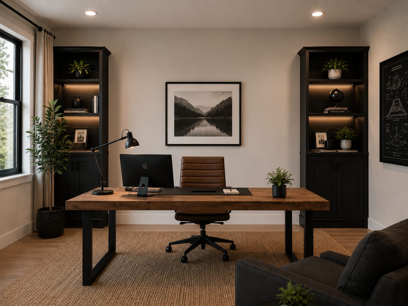 Home office with plain off-white wall behind a wood desk, flanked by two black built-in shelving units