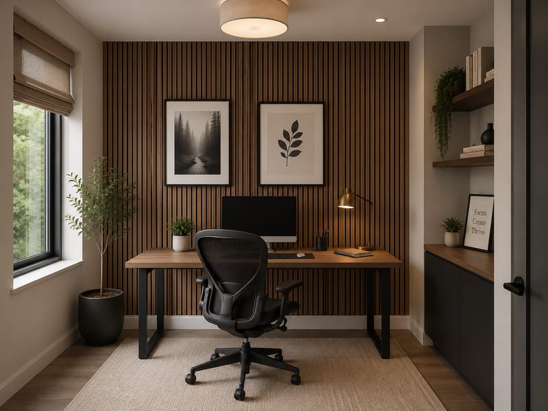 Walnut-tone slat accent wall behind a home-office desk with framed artwork