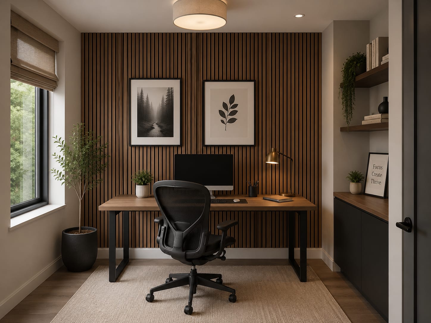 Same home office with a warm walnut vertical slat-wood accent wall behind the desk, the two framed prints, monitor, and brass lamp unchanged