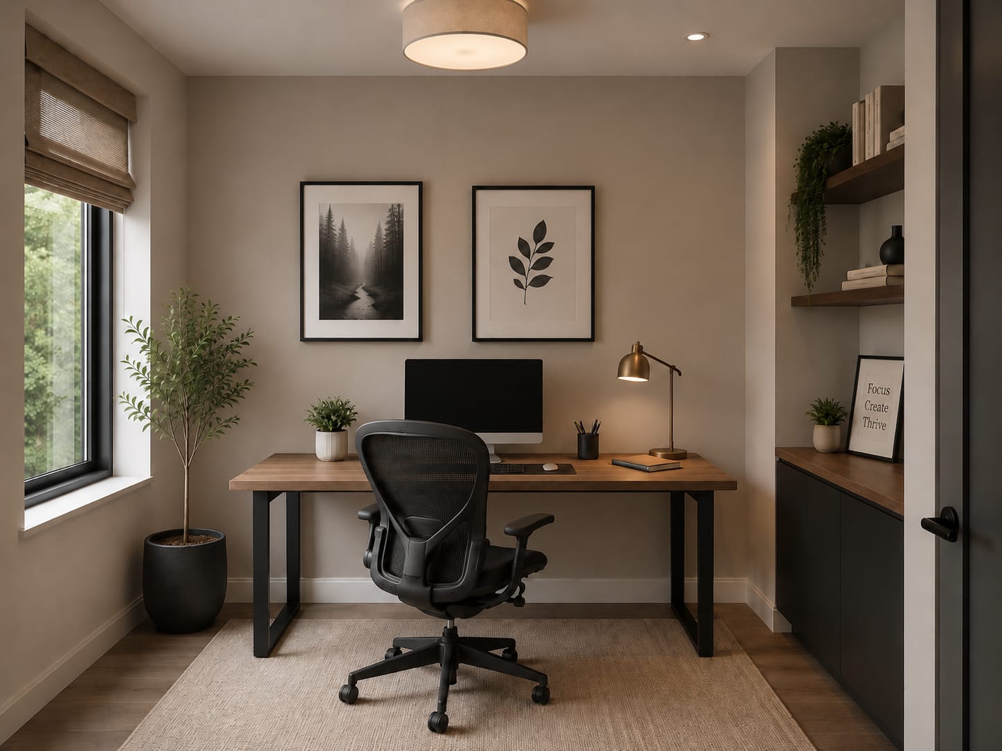 Home office with a plain greige wall behind the desk, two framed prints, a monitor, and a brass desk lamp