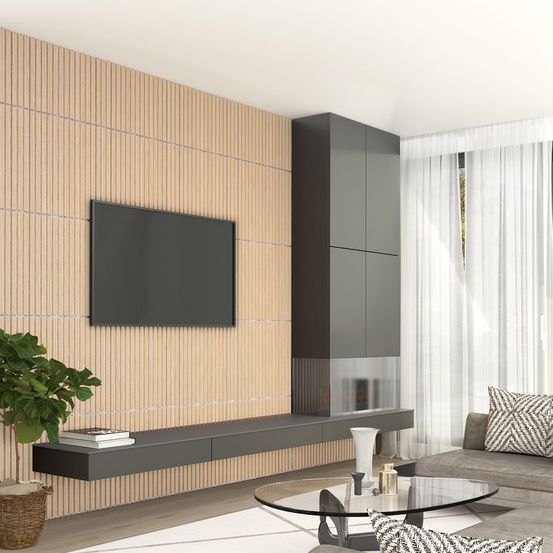 Oak premium acoustic slat wall behind a wall-mounted television