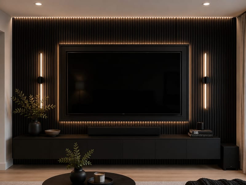 Vertical black slat-wood accent wall behind a wall-mounted television, flanked by linear LED sconces over a black floating media console