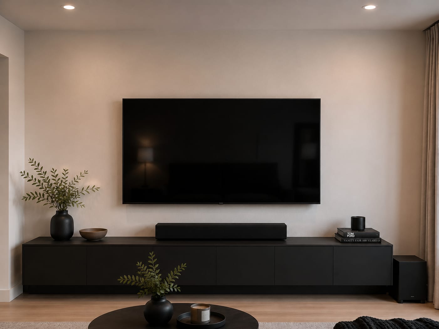 Living room with plain off-white wall behind a wall-mounted television and dark floating media console