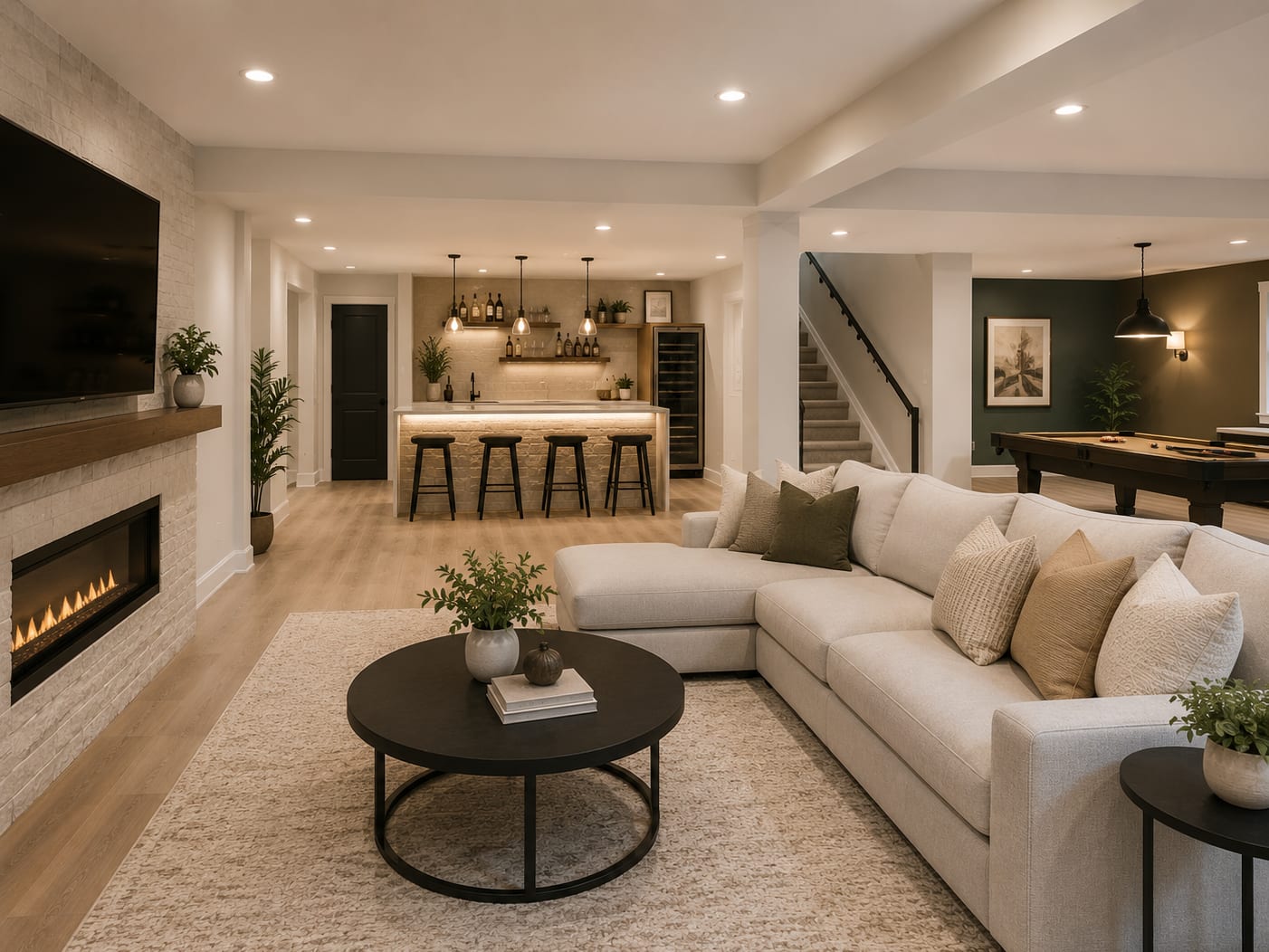 Modern finished basement with sectional, linear fireplace, white kitchen island, and integrated stair landing