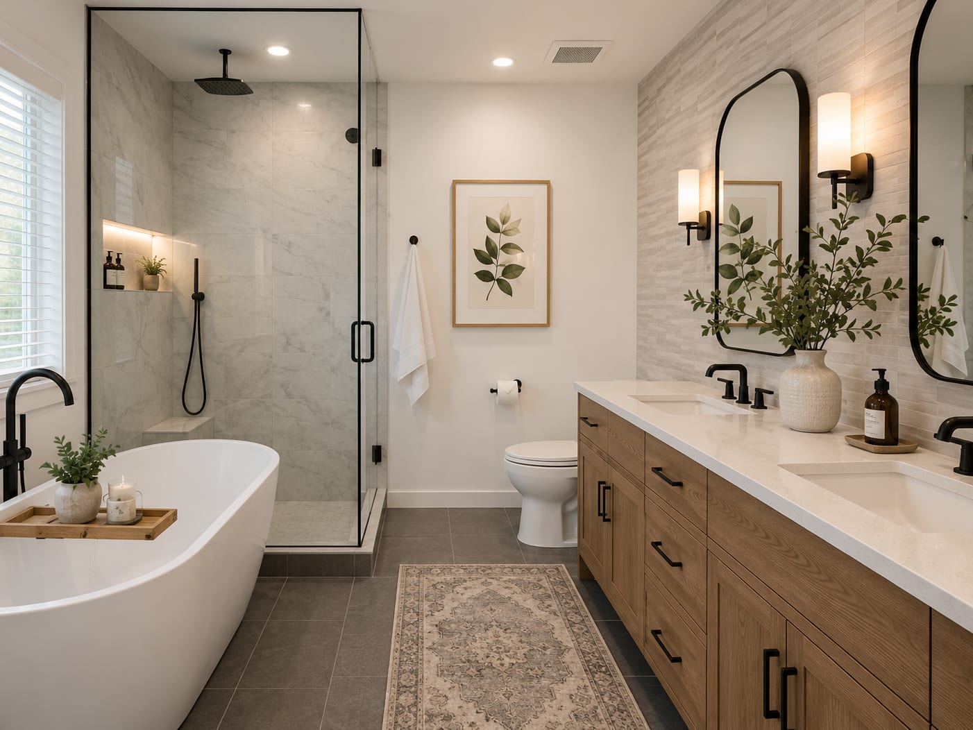 Curbless walk-in shower with large-format porcelain tile, floating walnut double vanity, and heated floors — Cherry Hill, NJ remodel by HousePro