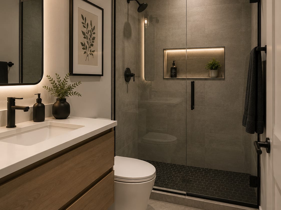 Refreshed bathroom with floating wood vanity, updated lighting, and matte-black fixtures