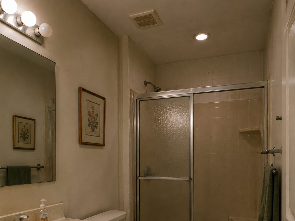 Outdated bathroom with oak vanity, frosted-glass shower stall, beige tile floor, and brass-tone fixtures