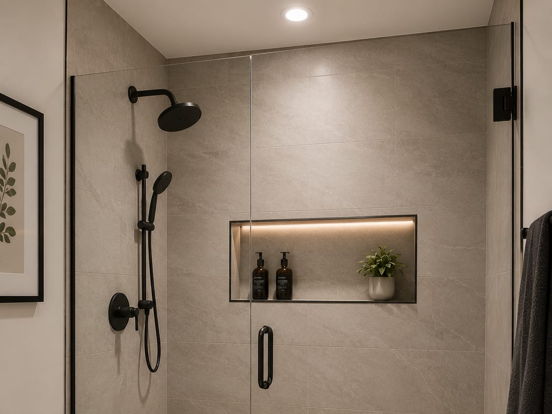 Walk-in shower with frameless glass, large-format porcelain tile, LED-lit niche, and built-in bench