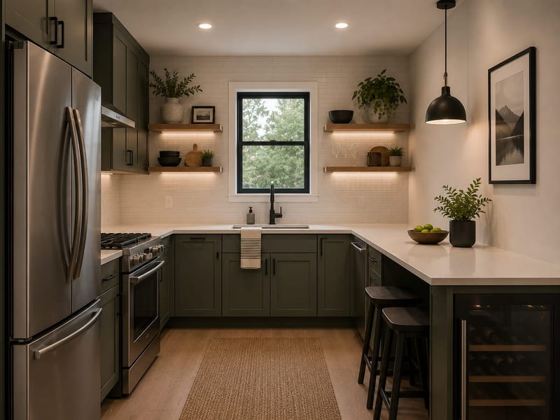Refreshed kitchen with sage-green shaker cabinets, white quartz counters, and a peninsula — Long Beach, NJ remodel by HousePro