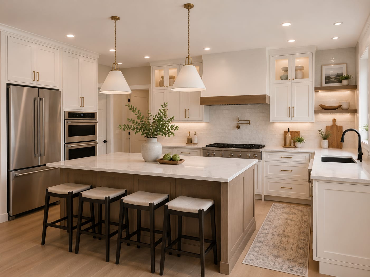 Bright modern kitchen with white shaker cabinets, brass pendant lights, hardwood floors, and a stained-oak island
