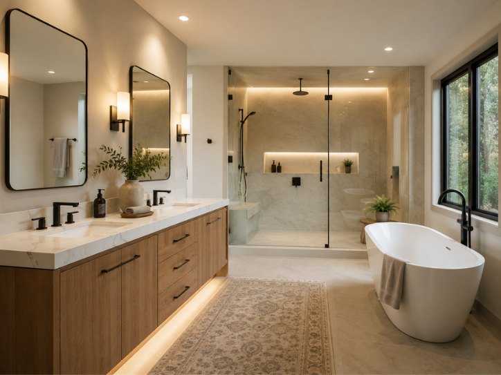 Full bathroom remodel by HousePro — double vanity, walk-in shower, and freestanding tub
