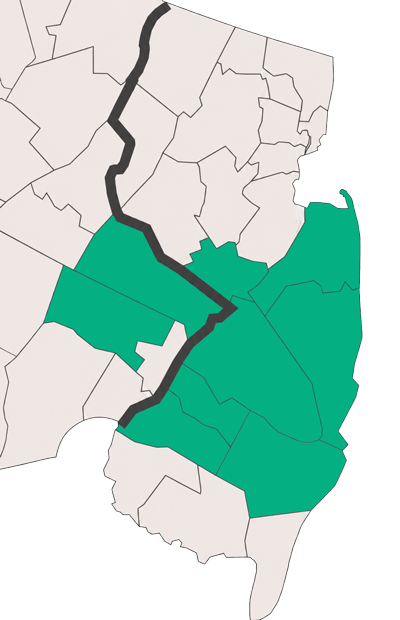 Map of southeastern Pennsylvania and central / southern New Jersey with the nine HousePro service-area counties highlighted in ember: Bucks and Montgomery in PA; Mercer, Monmouth, Burlington, Camden, Gloucester, Ocean, and Atlantic in NJ.