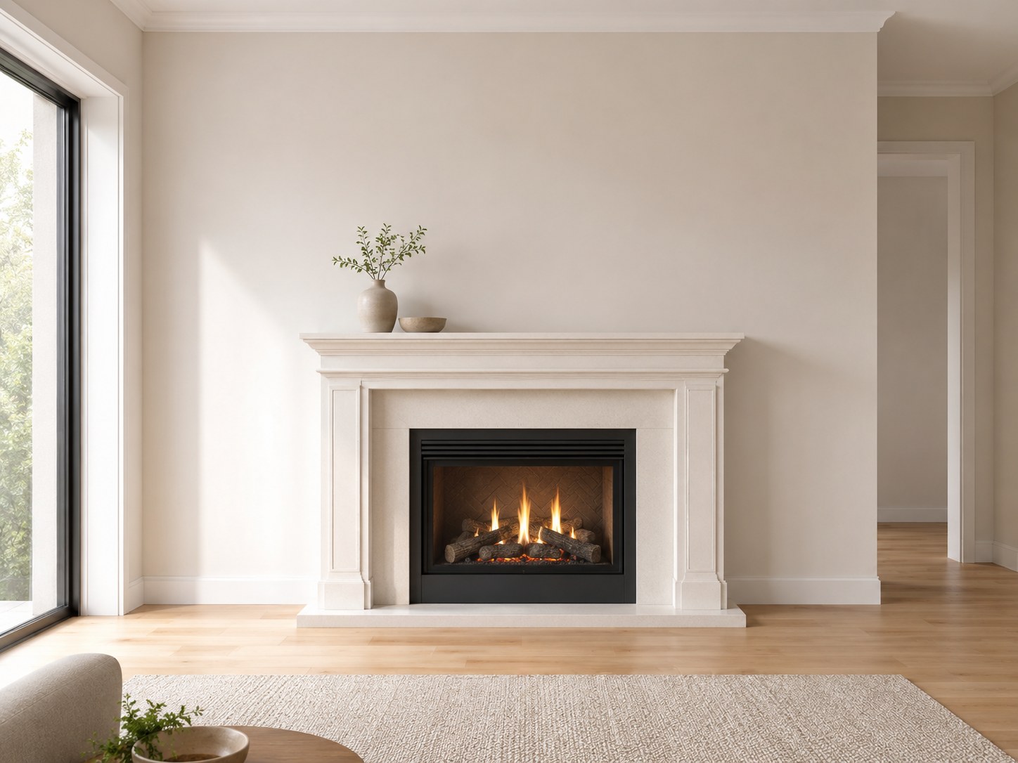 Living room with a traditional mantel fireplace and a blank wall above for slats