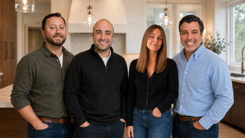 The HousePro team — Joe, Brian, Greg, and Bridgett — in branded HousePro hoodies in front of a renovated home